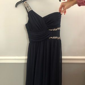 Macy’s navy one shoulder long dress with beads
